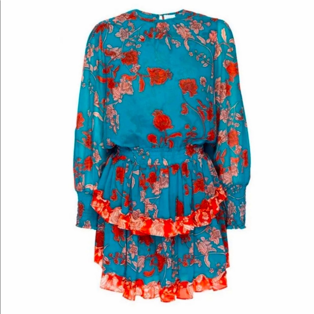 Misa Los Angeles Teal Floral Ruffle Mini Dress with Coral Accents